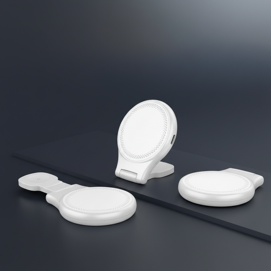 Faltbare 3-in-1 MagSafe Ladestation auf edlem minimalistischen Hintergrund